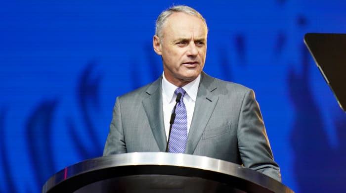 MLB Commissioner Rob Manfred speaks during the 2022 MLB baseball draft, Sunday, July 17, 2022, in Los Angeles.